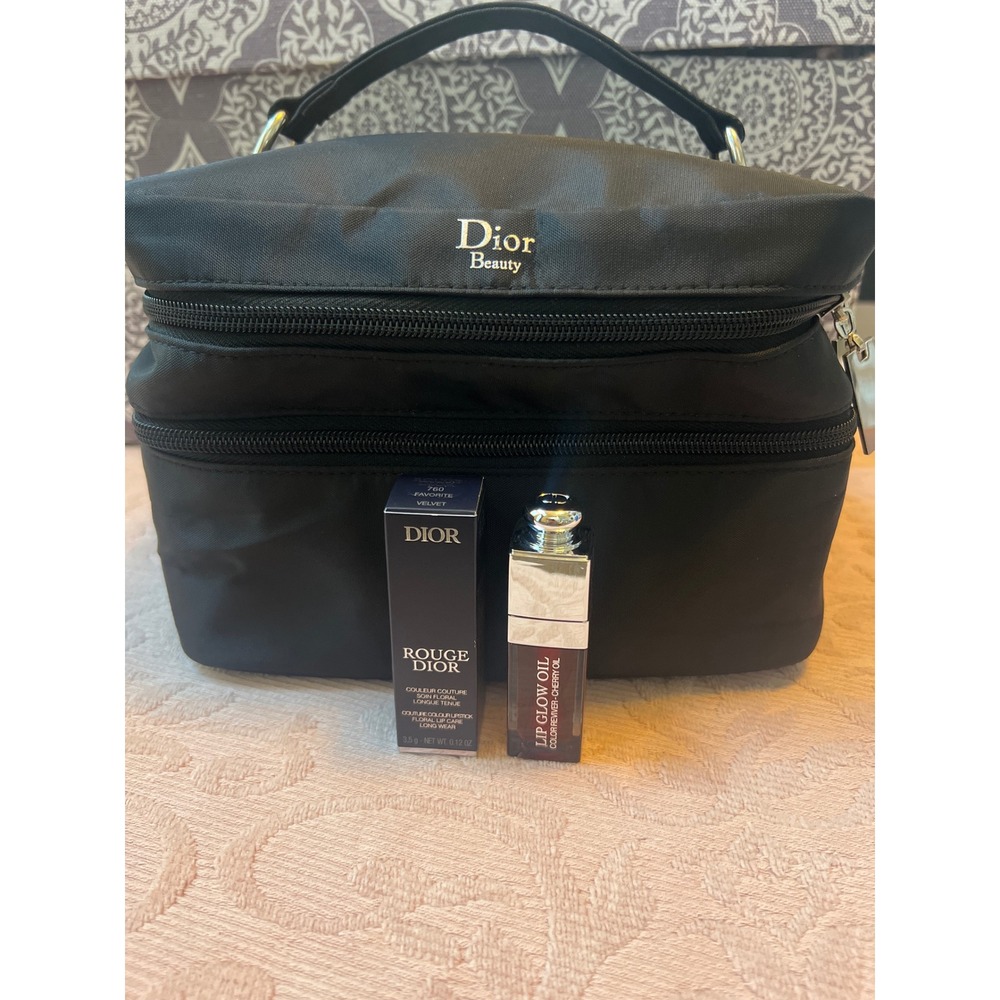 Dior Bundle-Black Vanity Case Rouge Dior 760 Lipstick & Lip Glow Oil Cherry Set - Picture 2 of 7